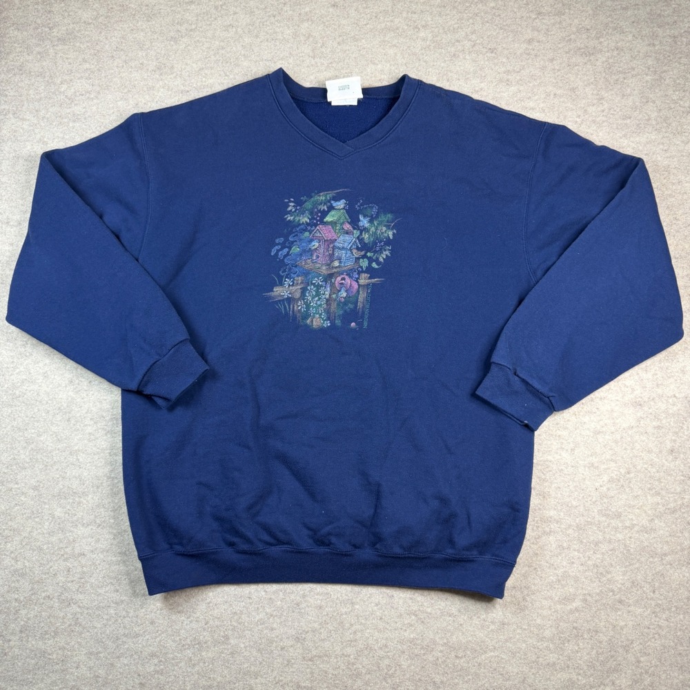 Northern Reflections Vintage Navy Blue Birdhouse Graphic V-Neck Sweatshirt XL